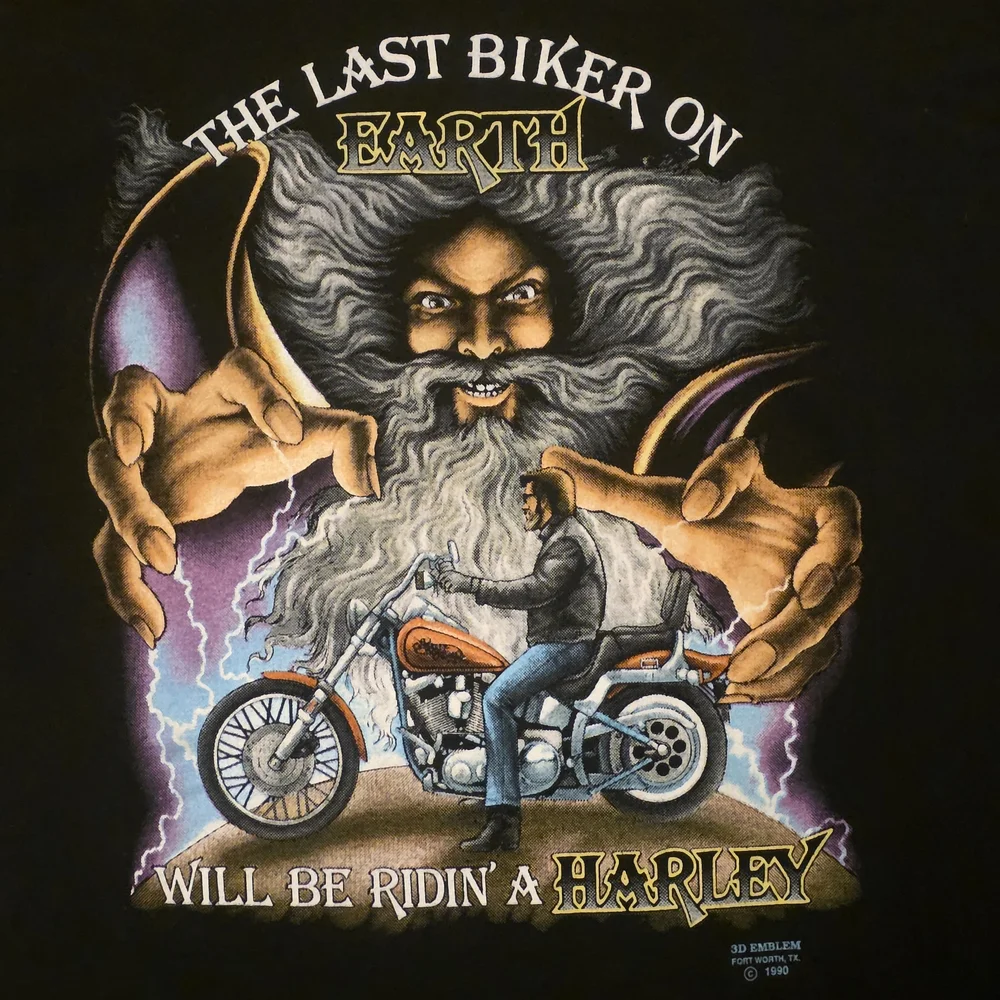 Vintage Harley Davidson 3D Emblem “The Last Biker on Earth” Wizard T-Shirt 1990 - Picture 1 of 6